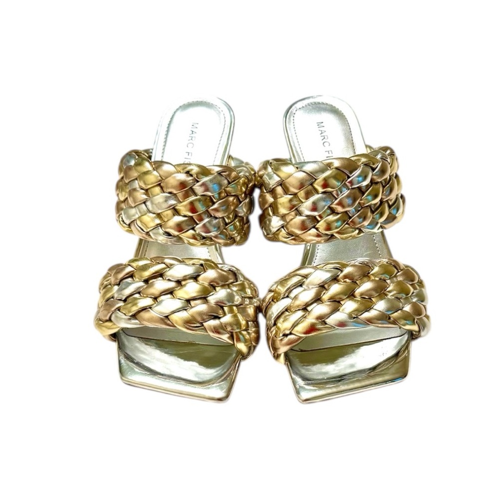 Marc Fisher Metallic Toree Heel Square Toe Puffy Braided Heeled Mule Sandals